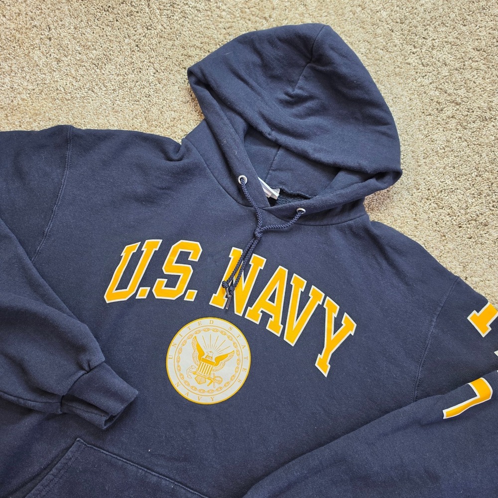Champion US Navy Hoodie Mens Large Blue Cotton Sweater Military Sportswear